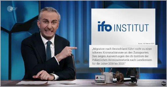 ZDF Magazin Royale showing the ifo finding that migration does not raise crime rates